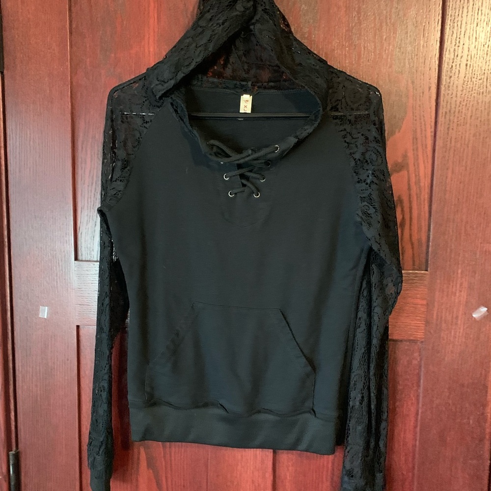 Black lace hooded pullover